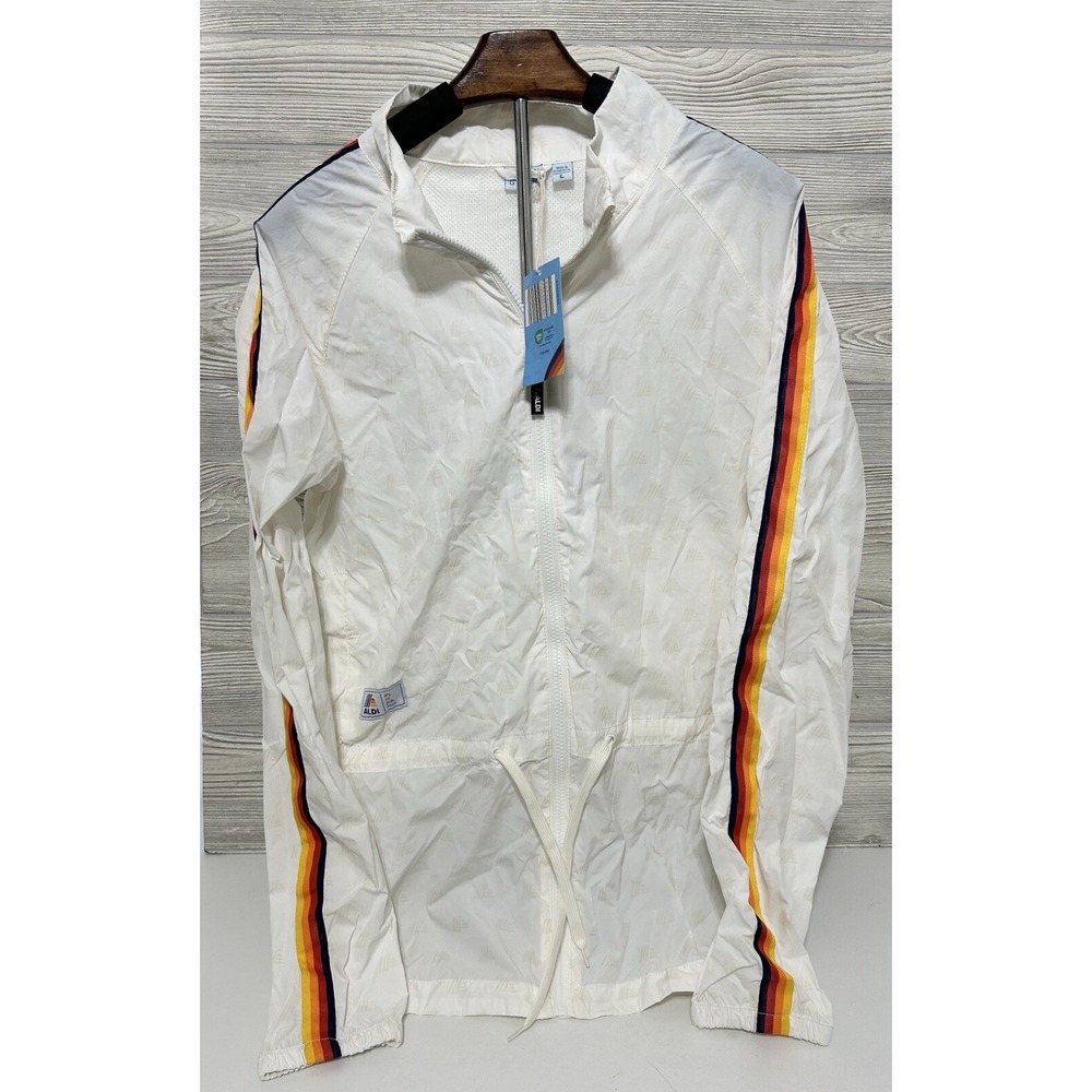NWT Aldi Gear Women's Large L‎ White Windbreaker Rainbow Stripe Jacket NEW